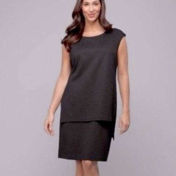 Lafayette 148 New York Black Cap Sleeve Layered Knee Length Shift Dress Petite - Picture 1 of 10